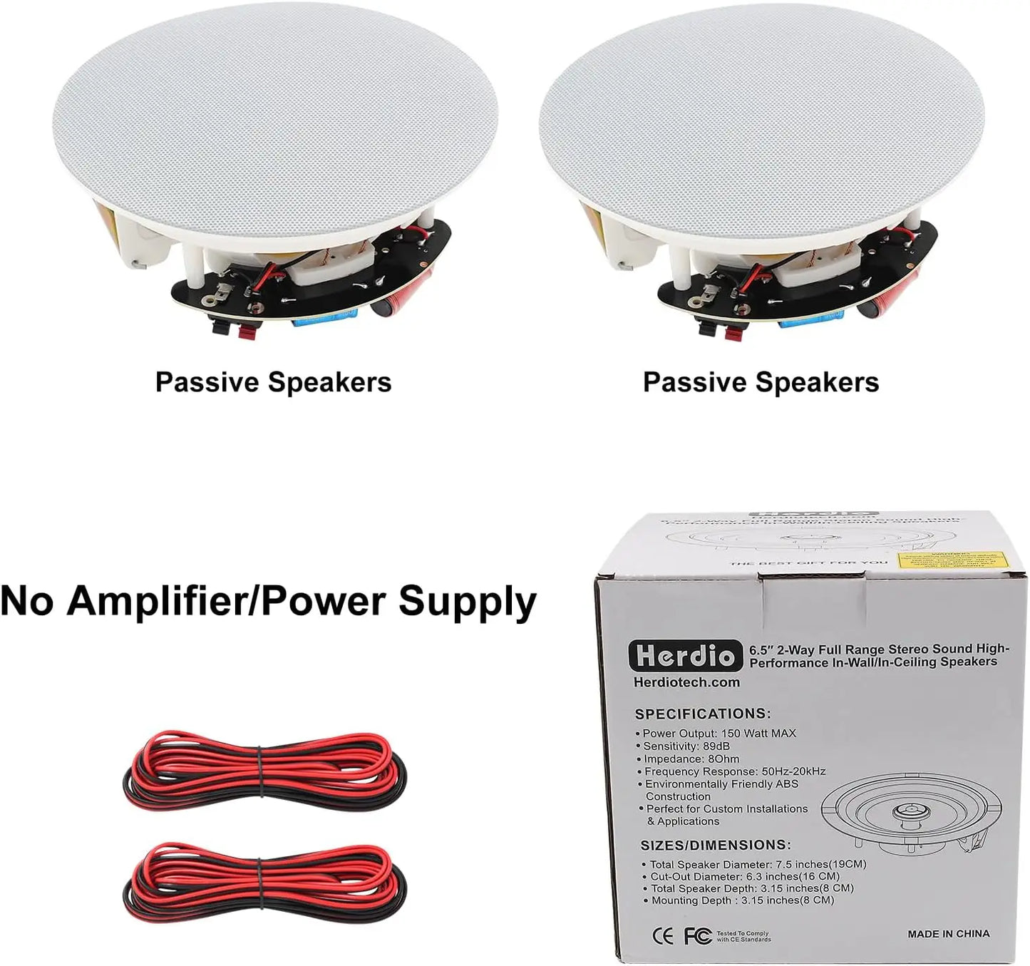 Herdio 6.5” Ceiling Speakers 2-Way Passive Speaker System 300 Watts Home Theater Subwoofer Indoor Outdoor Sound Box A Pair