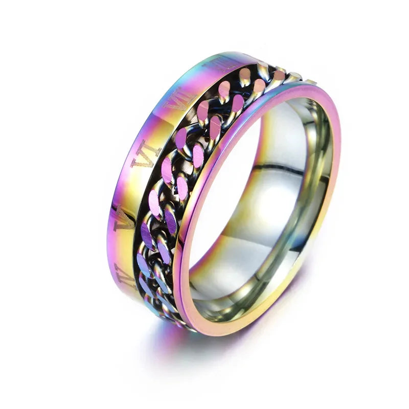 Roman Numerals Stainless Steel Chain Rotating Anxiety Black Rings For Men Fidget Metal Spinner  Ring Anillos De Hombre