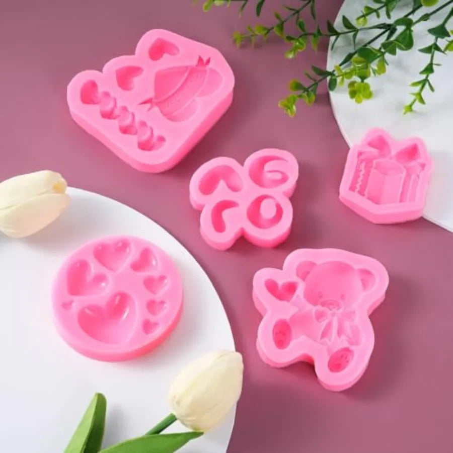 5Pcs Heart Chocolate Molds Silicone Set Valentine Silicone Chocolate Molds with Bear LOVE Letter and Gift Box Shapes Red Silico
