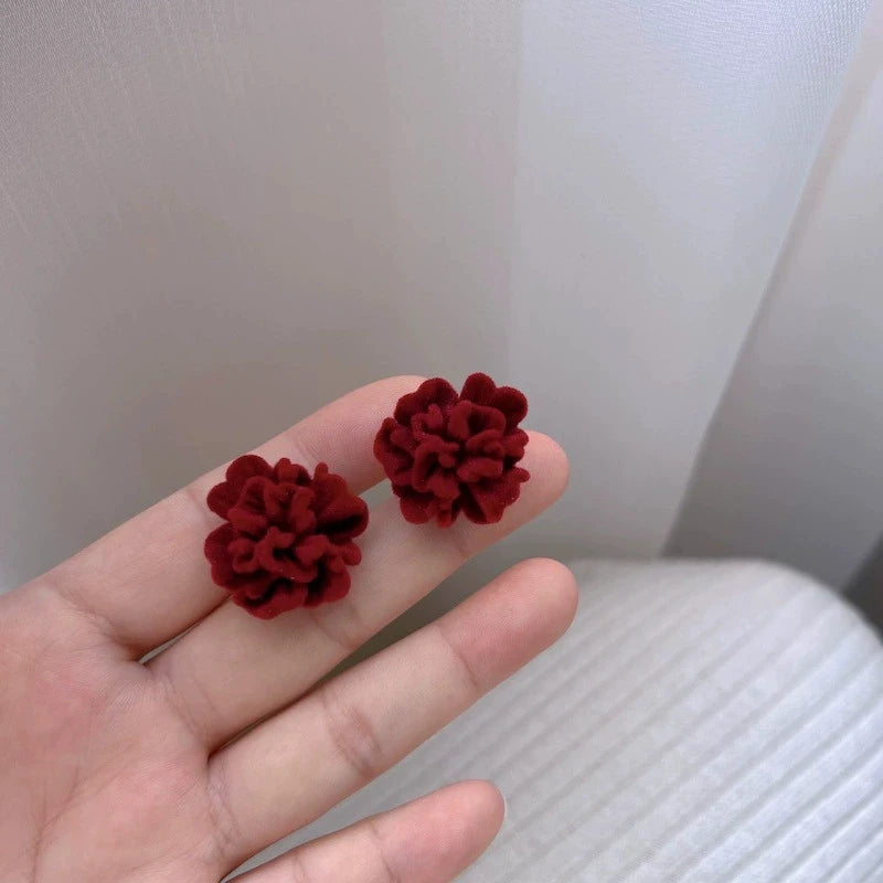 Temperament Winered Flocking Camellia Flower Stud Geometry Earring Jewelry Christmas Girl Friend Gift