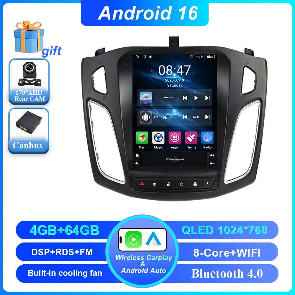 Android 16 Car Radio Stereo For Ford Focus 3 Mk 3 2011 2012 - 2019 Auto GPS Multimedia Player 2Din Wireless Carplay 4G WiFi BT