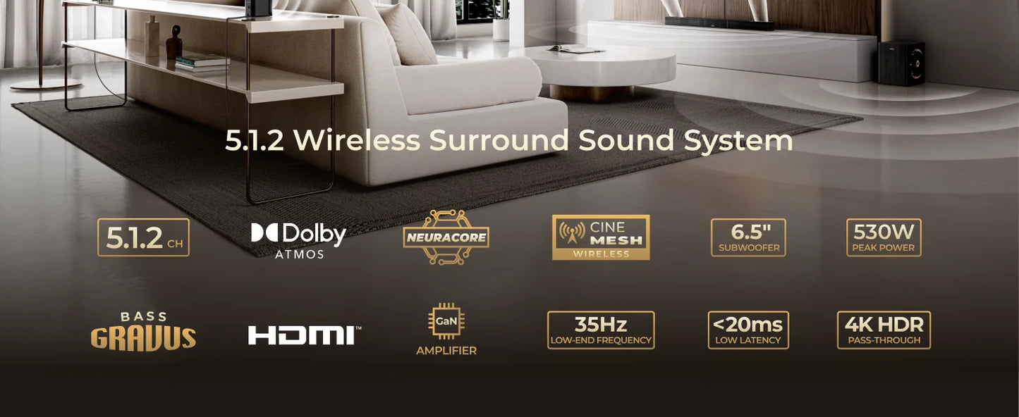ULTIMEA Skywave X40 5.1.2ch Wireless Surround Sound System for Smart TV with Dolby Atmos, 530W Soundbar with Wireless Subwoofer