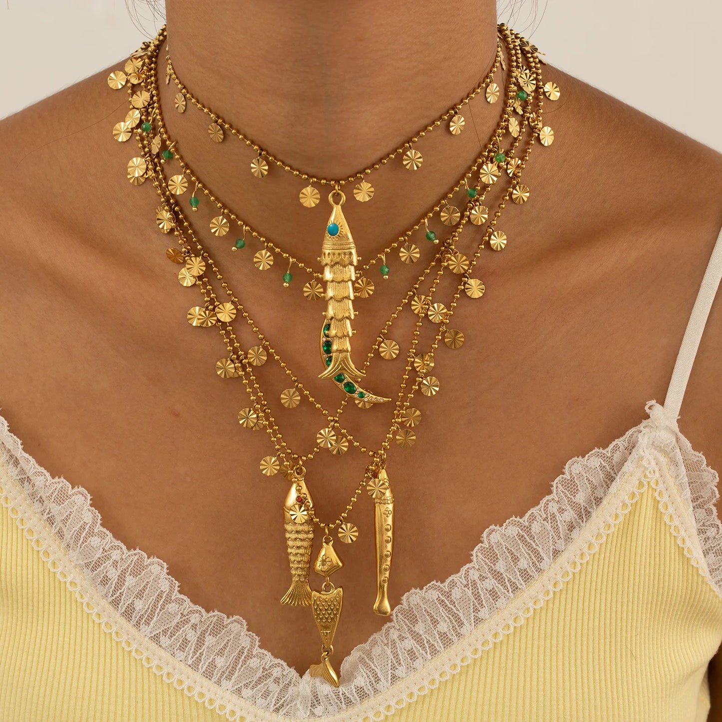 Bohemian Tassel Beaded Chain Necklaces For Women Stainless Steel Fish Pendant Necklace Waterproof Stackable Jewelry Gifts