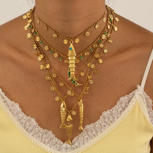 Bohemian Tassel Beaded Chain Necklaces For Women Stainless Steel Fish Pendant Necklace Waterproof Stackable Jewelry Gifts