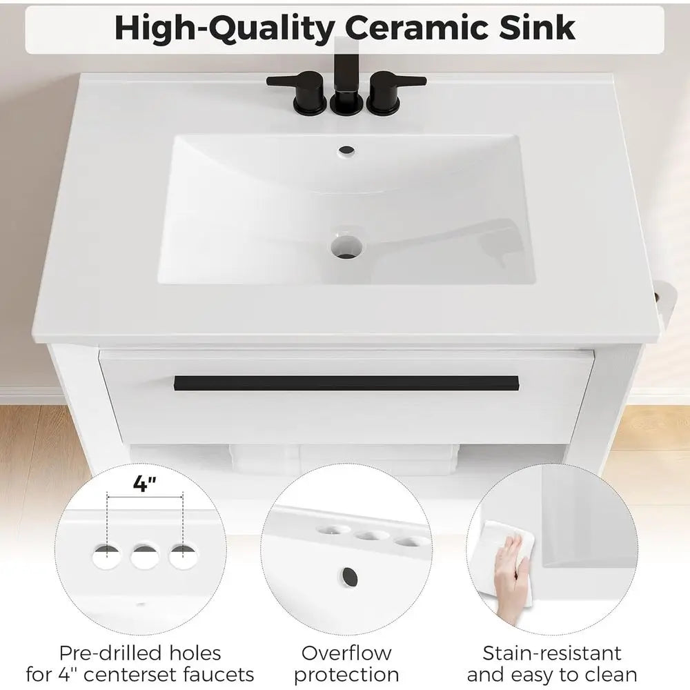30" Bathroom Vanity with Sink, Wall Mounted Bathroom Vanity with 1 Der ＆ 1 Open Shel, ern loating Bathroom Sink Cabinet with Und