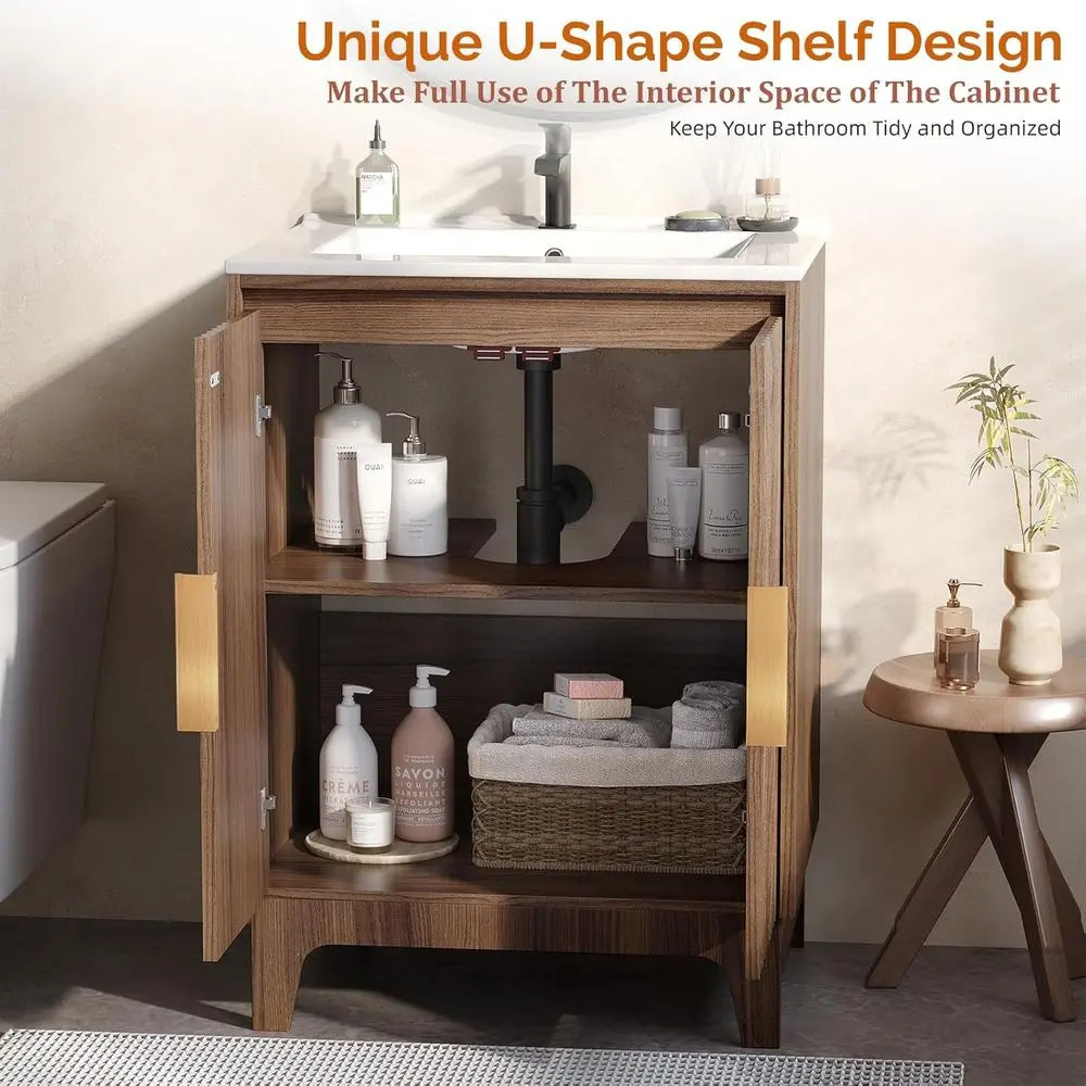 24 Inch Bathroom Vanity with Sink, -Century ern Vanity with Ceic Basin and luted Sot-Close Do, U-Shape Storage Shel,ree Standing