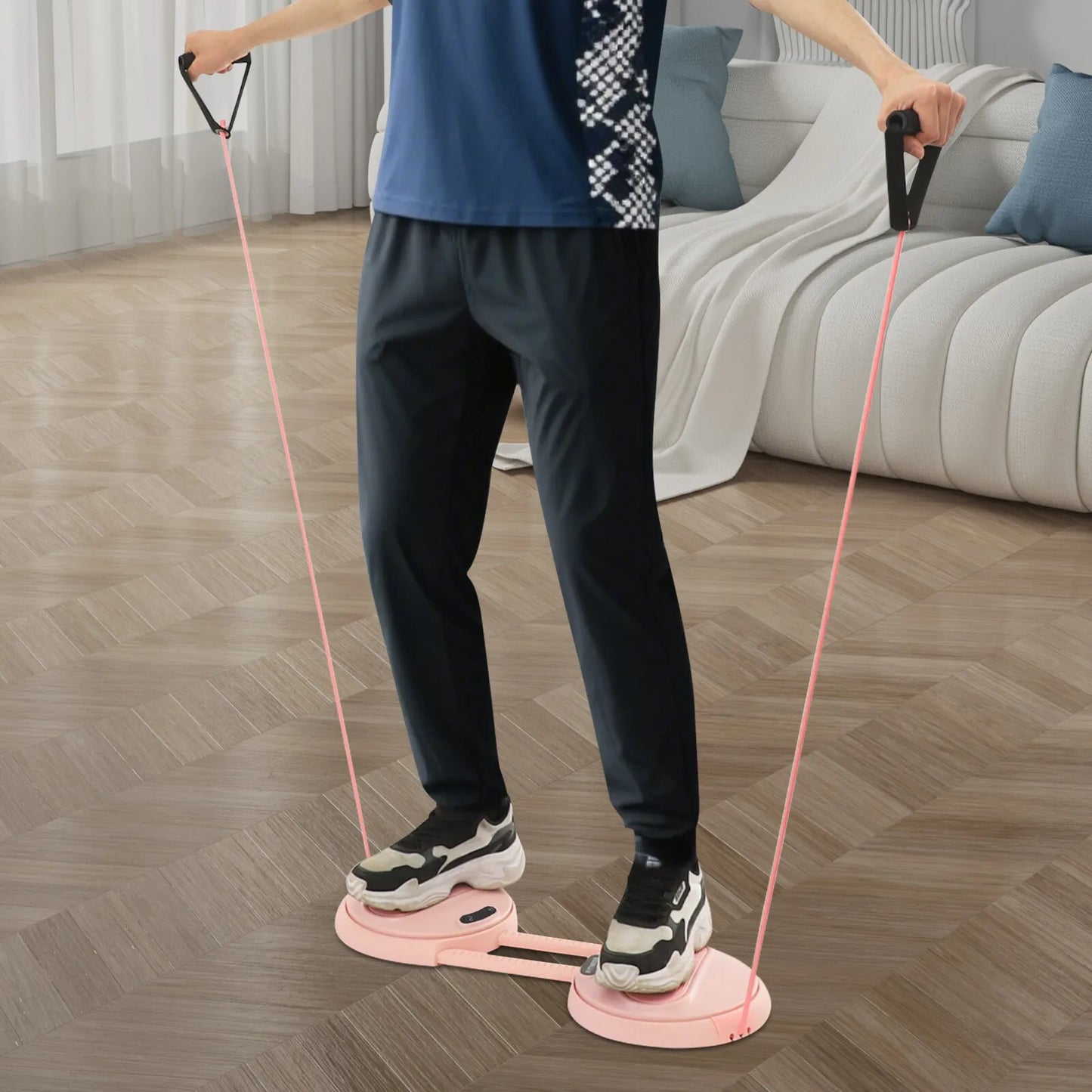 Adjustable Pink Ab Twister Board with LCD Screen & Resistance Ropes, 55-70cm Length Adjustment, Core Workout Equipment for Gym