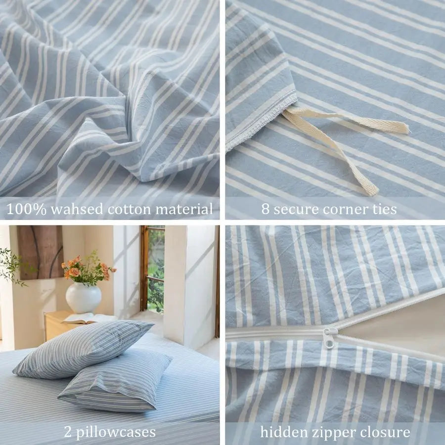 100 Washed Cotton Linen Like Duvet Cover Set,3 Pcs Striped Duvet Cover with Zipper ClosureStripCornflower Blue White,Queen
