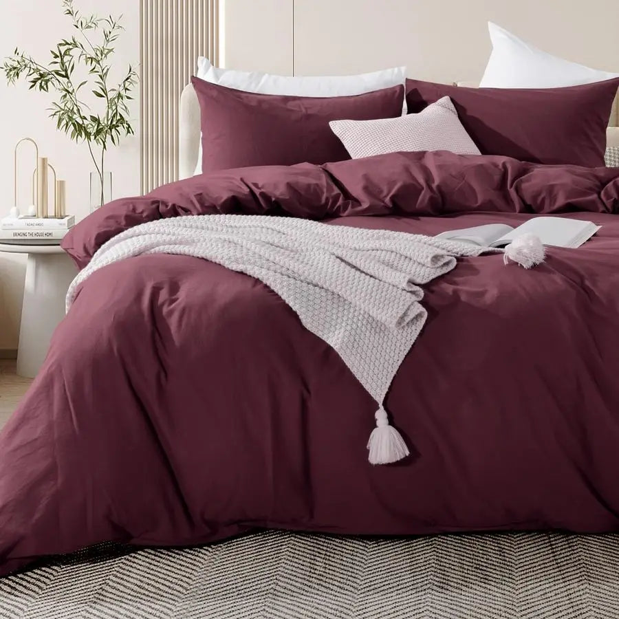 Duvet Cover Set Queen Size Linen Look Textured 100 Washed Cotton Duvet Cover Burgundy Dark Red 3 Pieces Bedding Set with Zipper