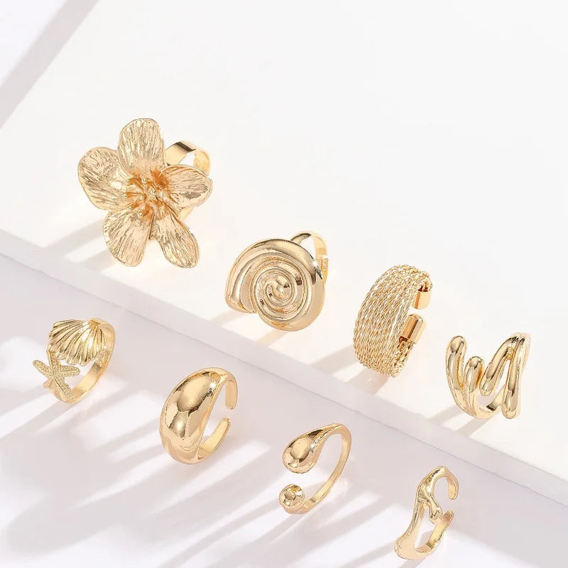8Pcs New Irregular Metal Flower Open Ring for Women's Elegant Imitation Pearl Ring Jewelry Accessories Geometric Finger Ring Jew