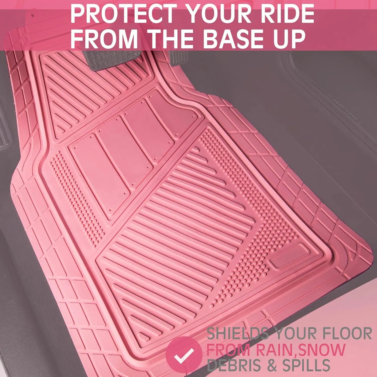 Pink Heavy Duty Rubber Floor Mats Full Set with Trunk Liner - Universal Waterproof All Weather Car Mats for Women SUV Truck