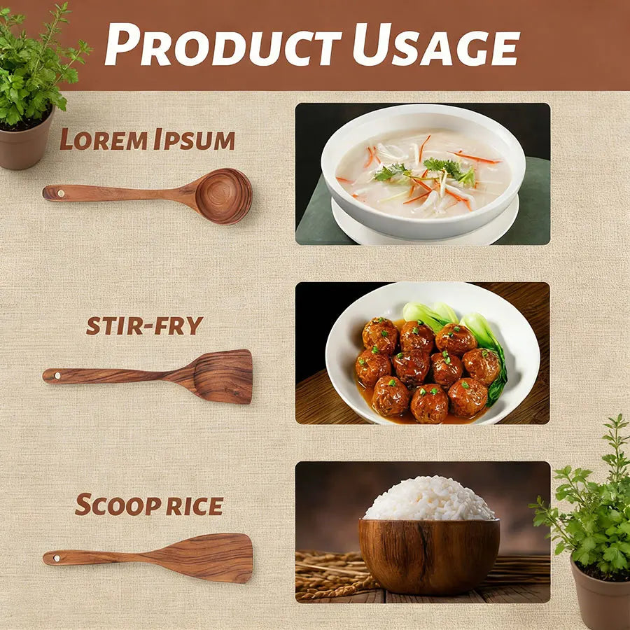 5-Piece Wooden Cooking Utensil Set, Durable Easy to Clean Kitchen Tools with Turner, Spatula, Skimmer, Soup Ladle Serving Spoon