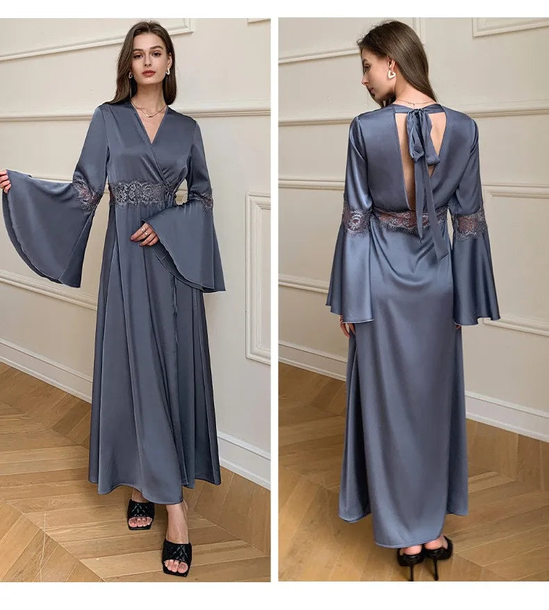 Elegant Women Luxury Sexy Lace Pajama Flare Sleeve Long Cardigan Satin Ice Silk V Neck Backless Kimono Homewear Women Bathrobe