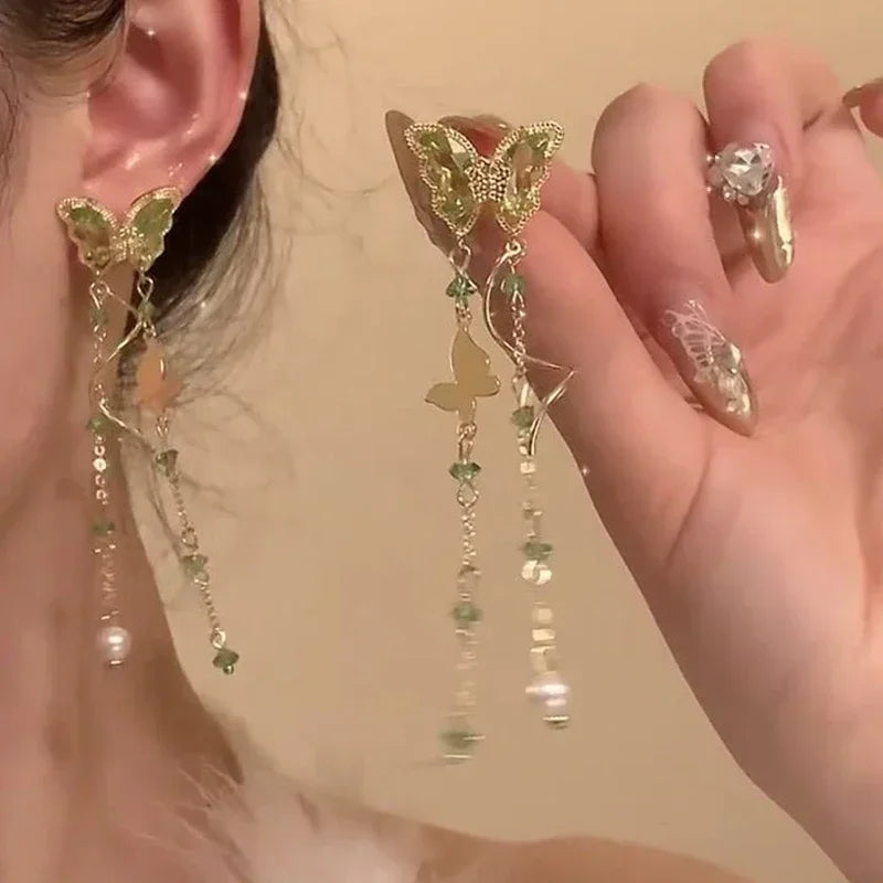 New Fashion Shiny Crystal Butterfly Long Tassel Earrings For Women Exquisite Zircon Pearl Elegant Temperament Earring Jewelry