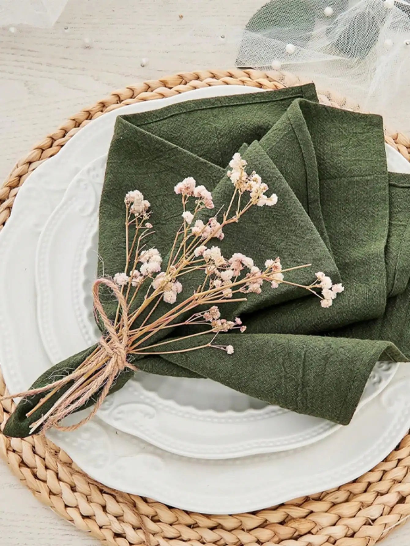 Olive Green Solid Linen Napkins Set - Reusable Washable for Dining, Parties, Picnics & Home Table Decor