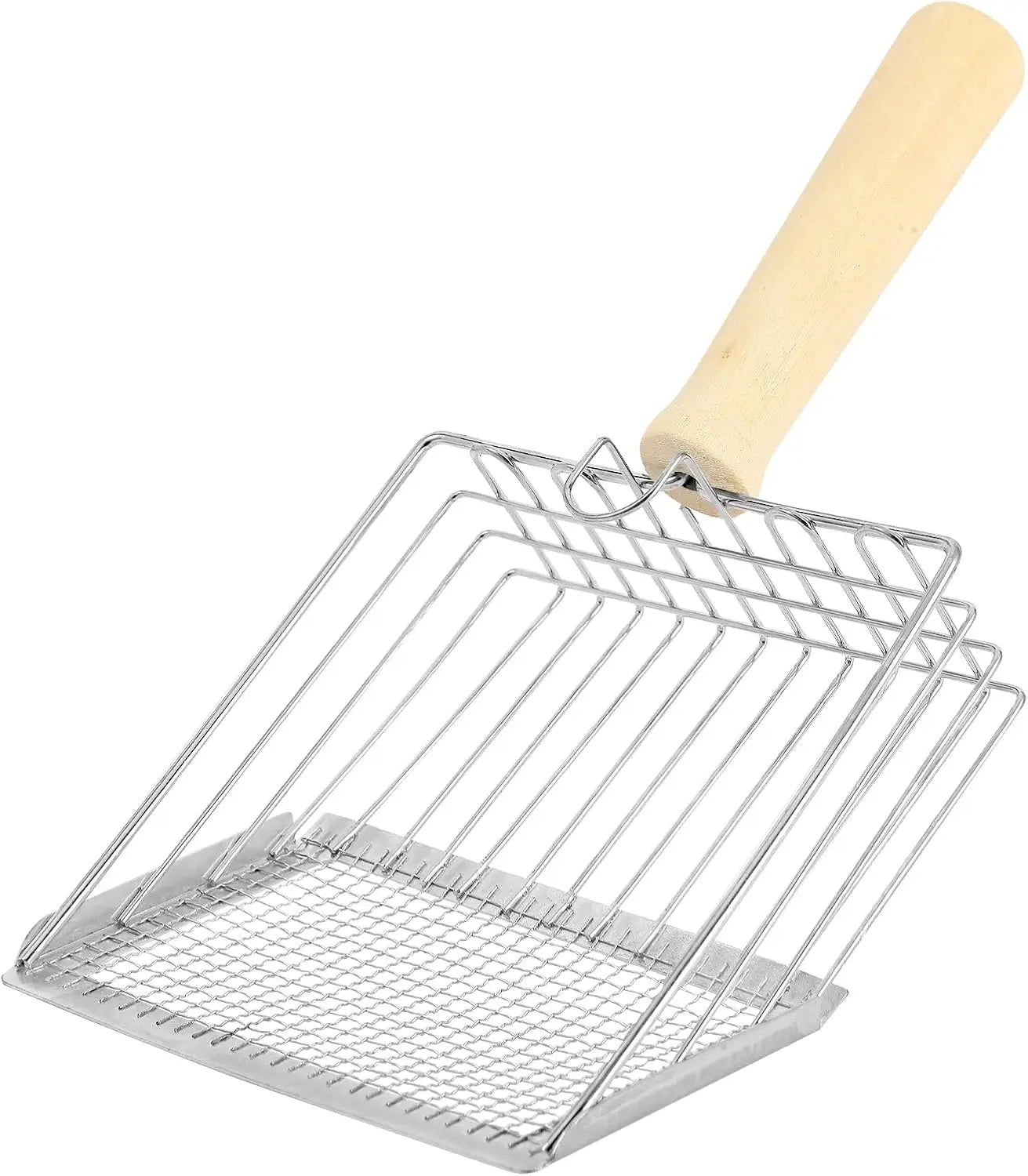 Stainless Steel Cat Litter Scoop with Wooden Handle, Dual-Mesh Sifter and Wall Hook for Easy Cleaning