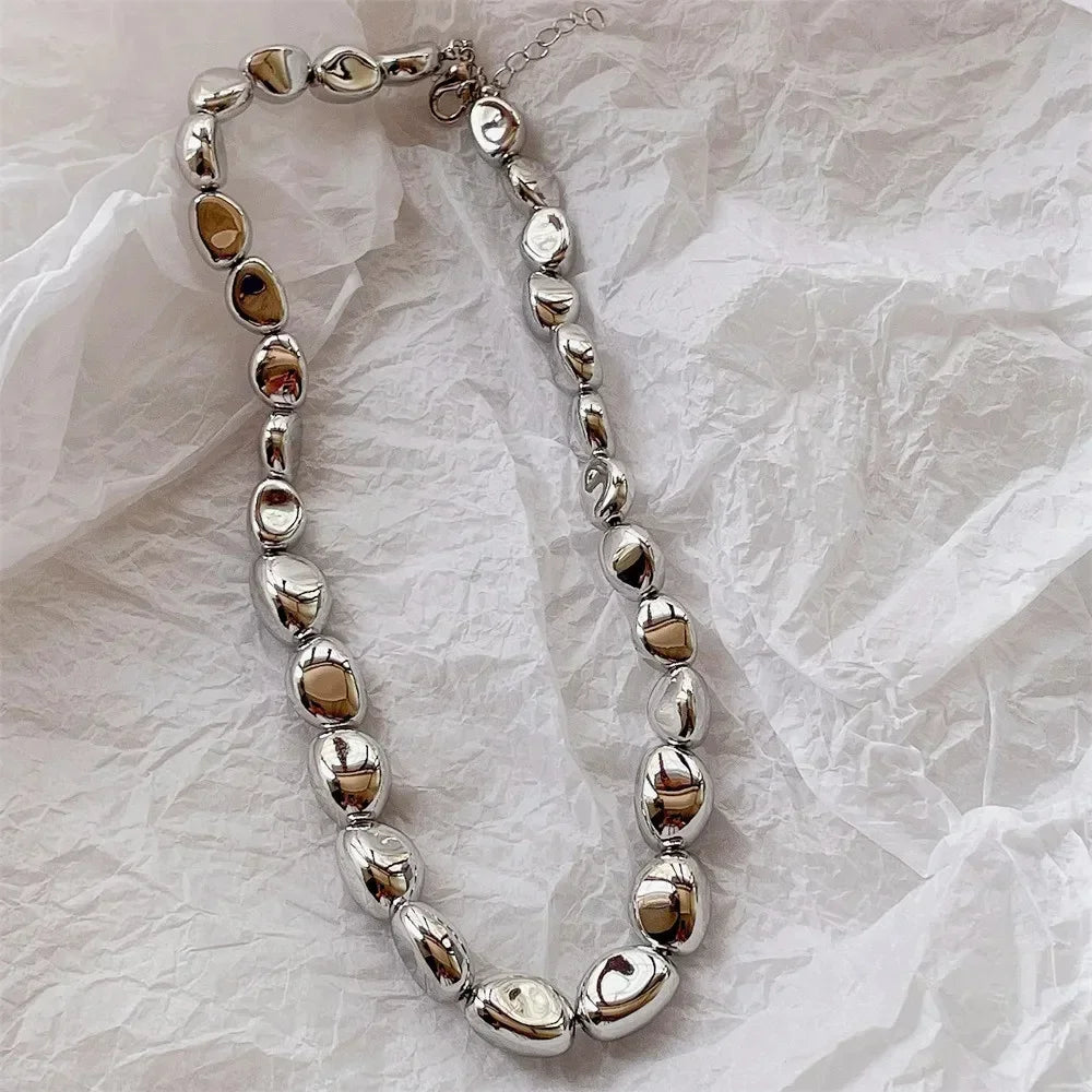 Vintage Silver-plate Geometric Exaggerated CCB Chain Necklace For Women Female Fashion Boho Artificial Pearl Y2K Jewelry Gift