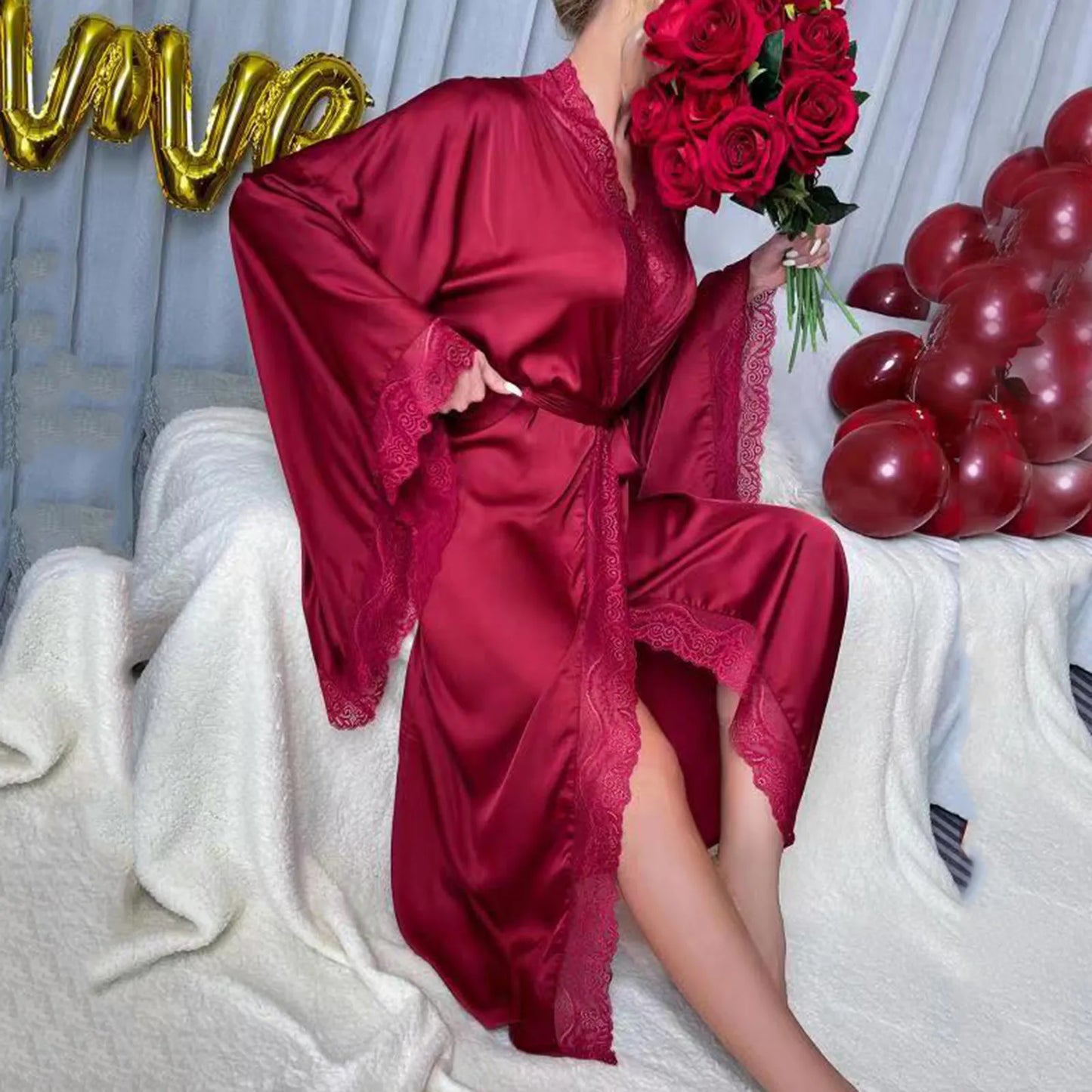 Long Solid Kimono Robe Women Sexy Lace Patchwork Bathrobe Gown Flare Sleeve Sleepwear Nightwear Bride Wedding Robes Loungewear