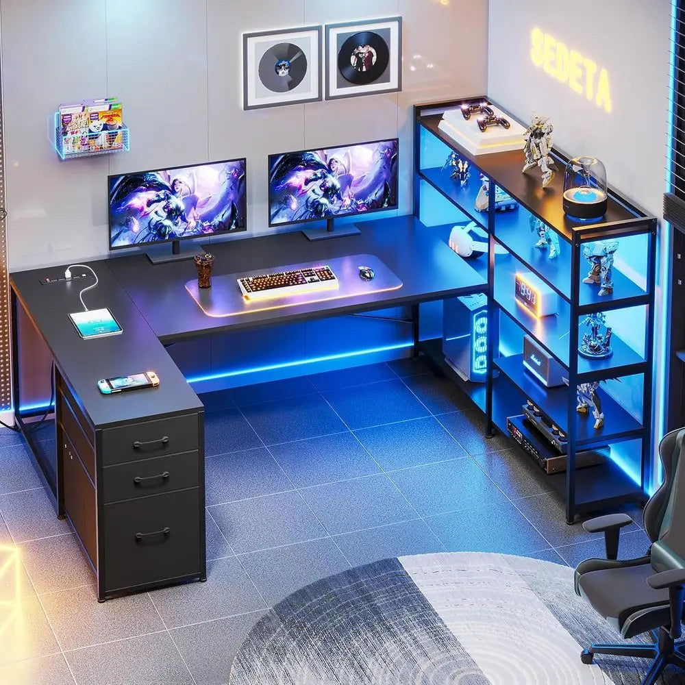 L-Shaped Gaming Desk with Reversible Surface, LED Lights, Power Outlet, and Storage Shelves, Black