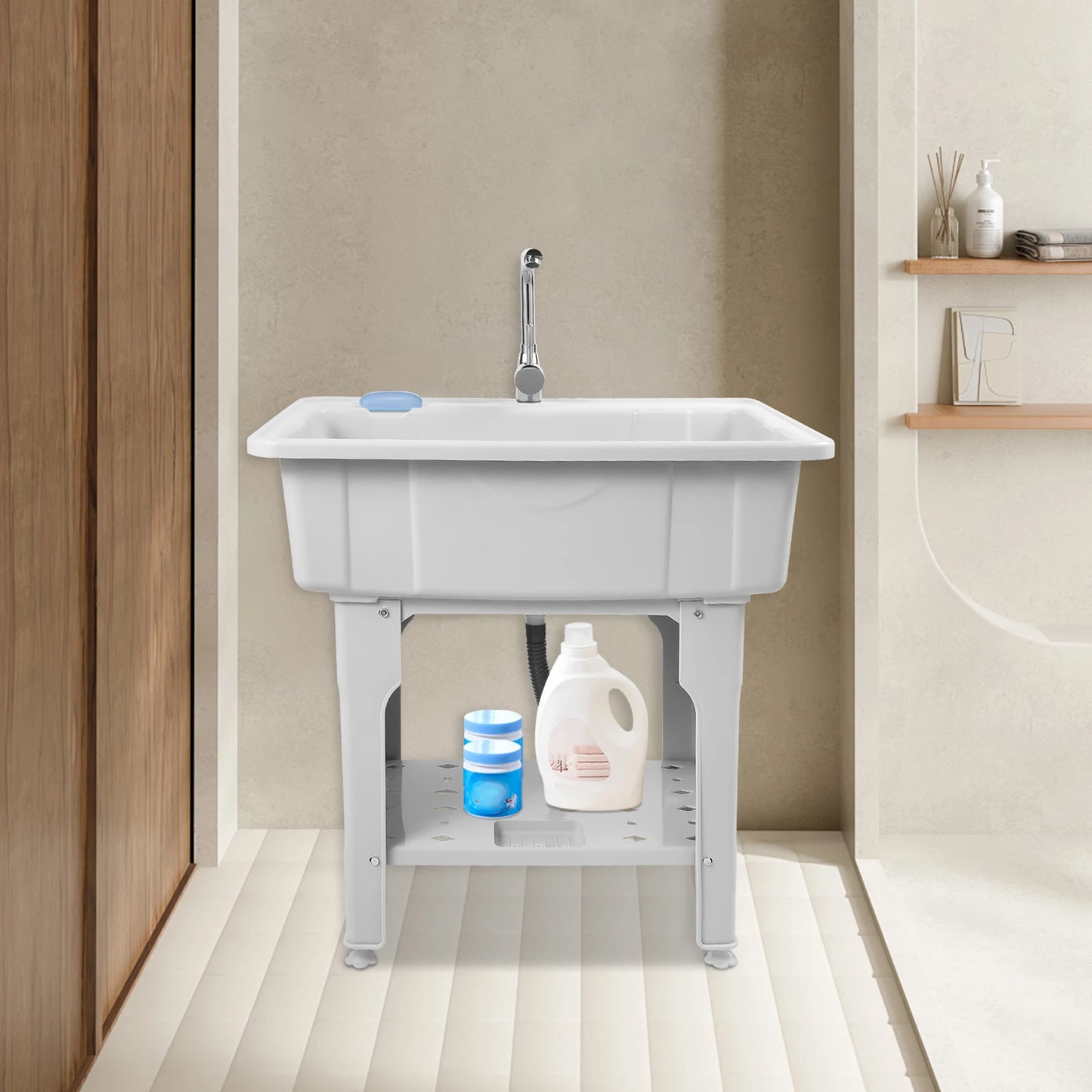 Large 70kg Capacity Modern Rectangular Laundry Sink, Gray Spacious Utility Tub & Wash Station, Complete with Storage Shelf