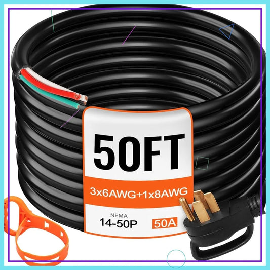 50FT 50Amp Generator Extension Cord 6 Gauge STW RV Power Cord NEMA 14-50P to Bare Wire for Trailer Campers Home