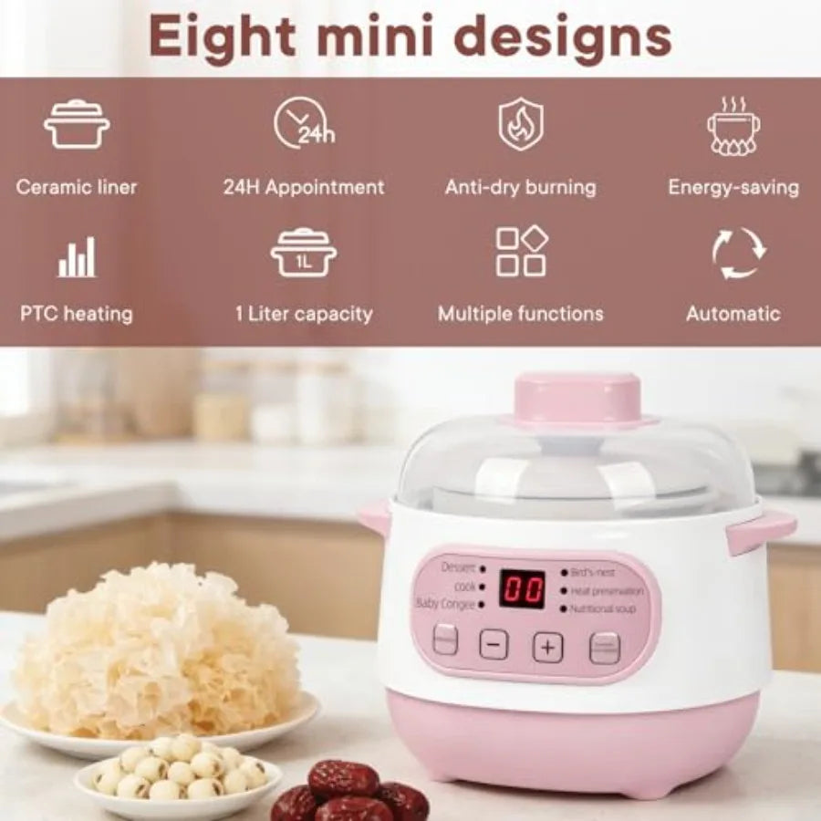 Pink 1L Ceramic Slow Cooker with Steamer Basket 200W Mini Electric Stew Pot 24-Hour Delayed Start Auto Keep-Warm Household Kitc