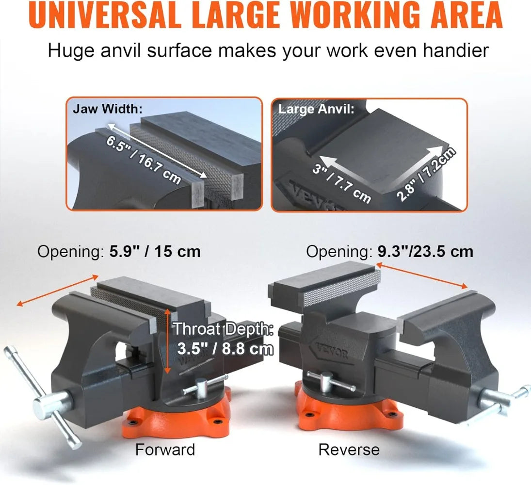 6.5" Heavy Duty Bench Vise with 360° Swivel Base, Anvil & Jaw Pads - Perfect for Drilling, Pipe Cutting & Metalwork