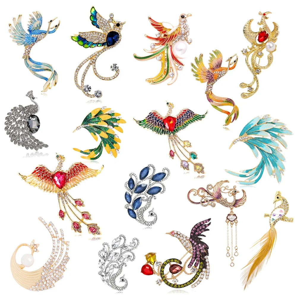 New Retro Phoenix Rhinestone Brooch Fashion Shiny Crystal Animal Pin Men and Women Clothes Bag Accessories Jewelry Gift