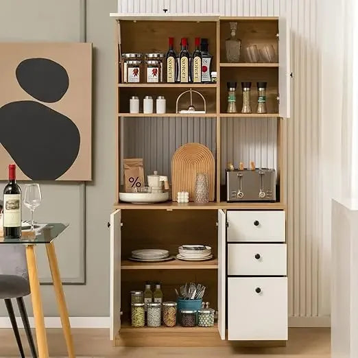 Kitchen Buffet Hutch Storage Cabinet, 71" Freestanding Pantry with 3 Cabinets & Drawers, Adjustable Shelves, Kitchen Cabinets