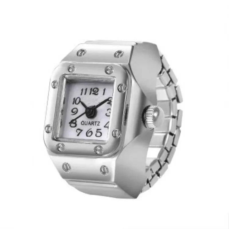 Vintage Punk Finger Watch Mini Elastic Strap Alloy Watches Couple Rings Jewelry Clock Retro Roman Quartz Watch Ring Women Men