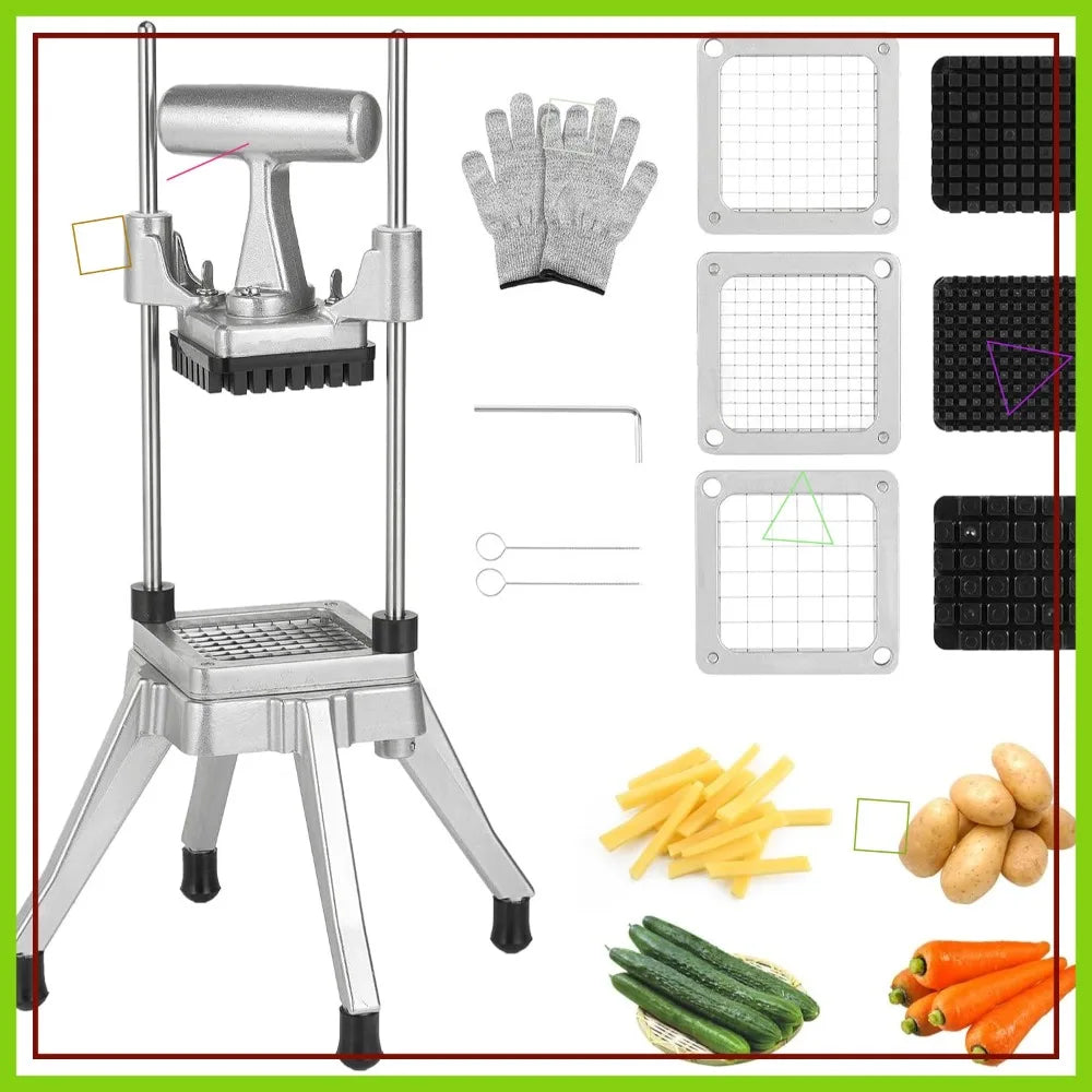 Stainless Steel Vegetable Chopper & French Fry Cutter with 3 Blade Sizes - Perfect for Home Kitchen or Restaurant Use
