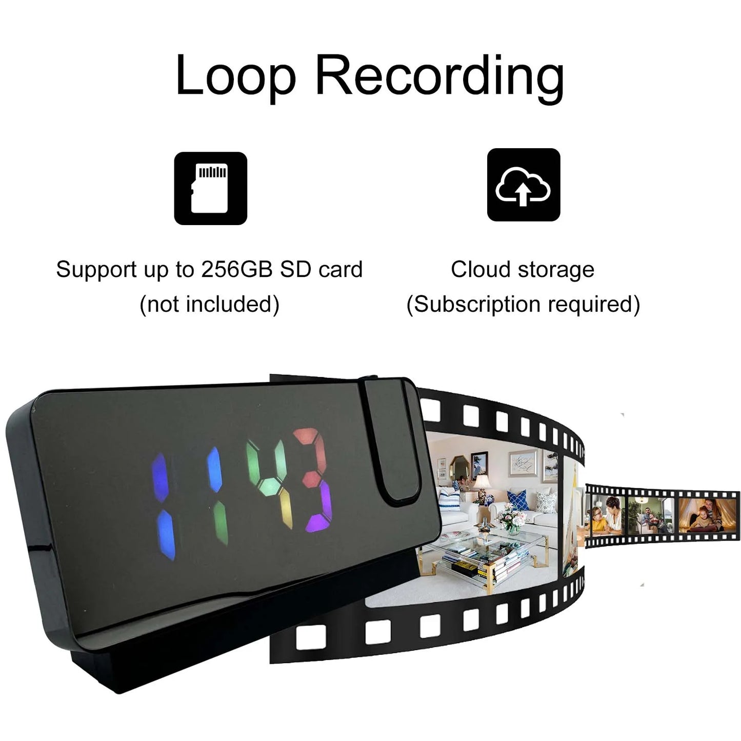 4K Ultra HD Projection Alarm Clock Camera with Wi-Fi, Motion Detection, Remote Viewing, Recording, Nanny Cam for Indoor Security