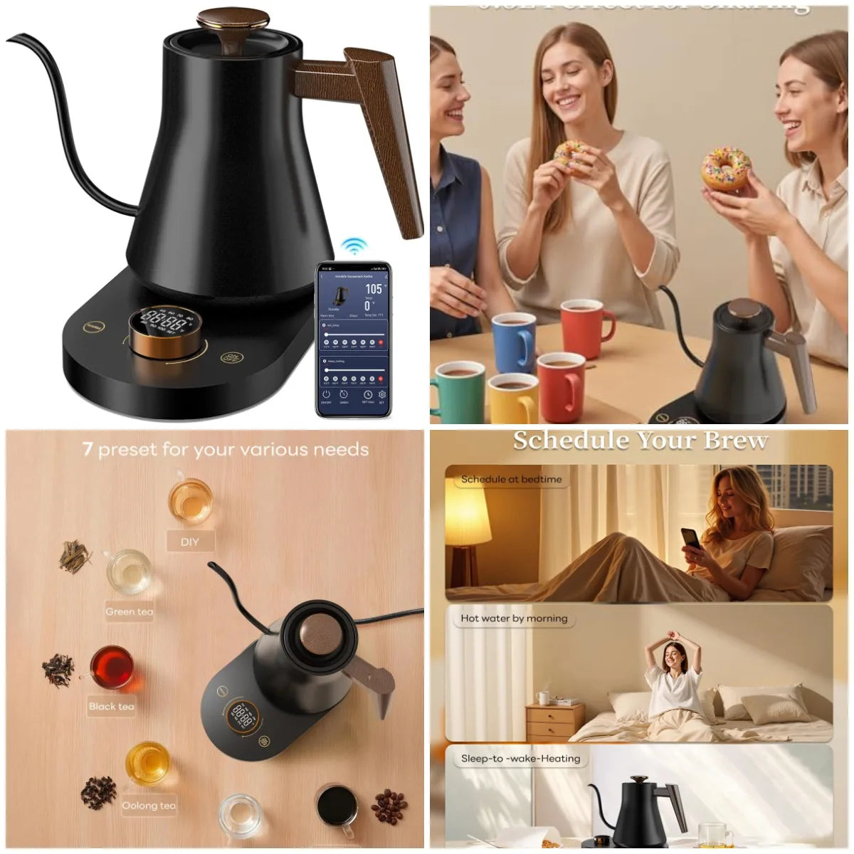 Smart Electric Gooseneck Kettle with WiFi Control, Pour-Over Coffee & Tea Kettle, ±1°F Precise Temp, 100% StainlSteel Quick