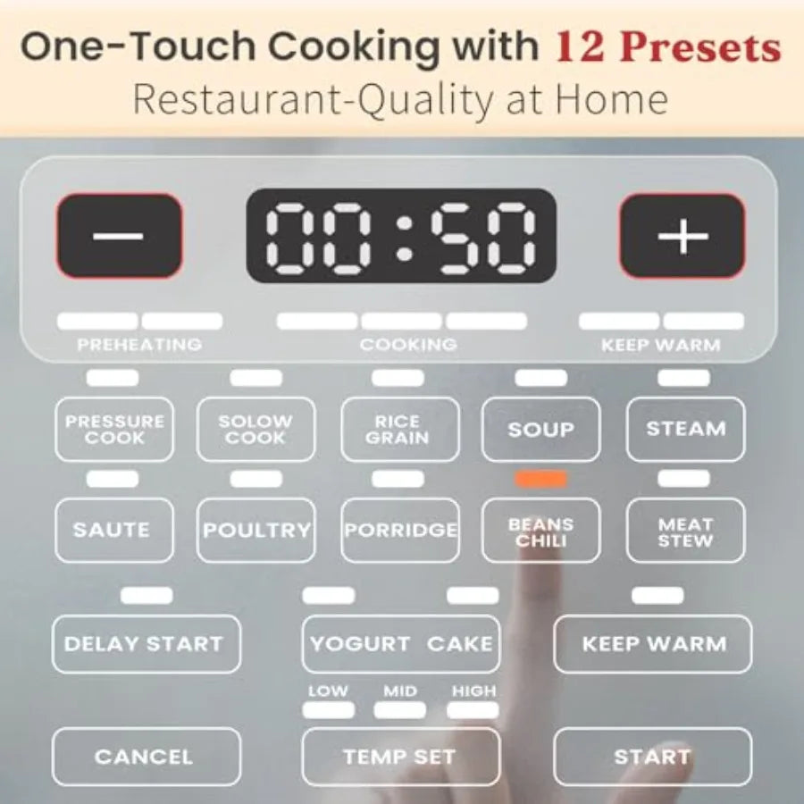 8QT Electric Pressure Cooker 1200W Fast Cooking 12-in-1 Programmable with Ceramic Non-Stick Pot for Saute Slow Cook Steam Yogur