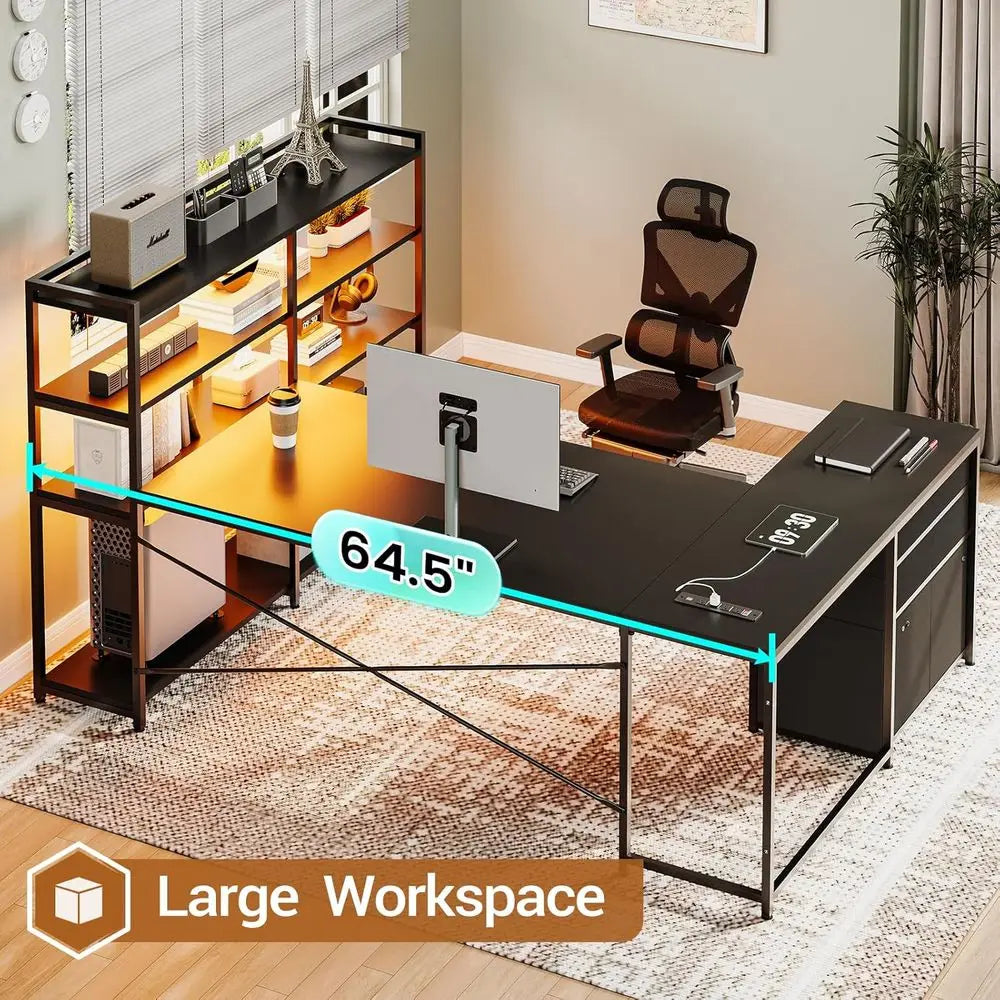 L-Shaped Gaming Desk with Reversible Surface, LED Lights, Power Outlet, and Storage Shelves, Black