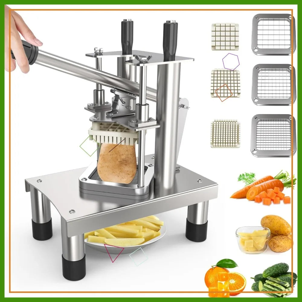 Commercial French Fry Cutter, Stainless Steel Vegetable Chopper with 3 Blades for Restaurant and Home Kitchen