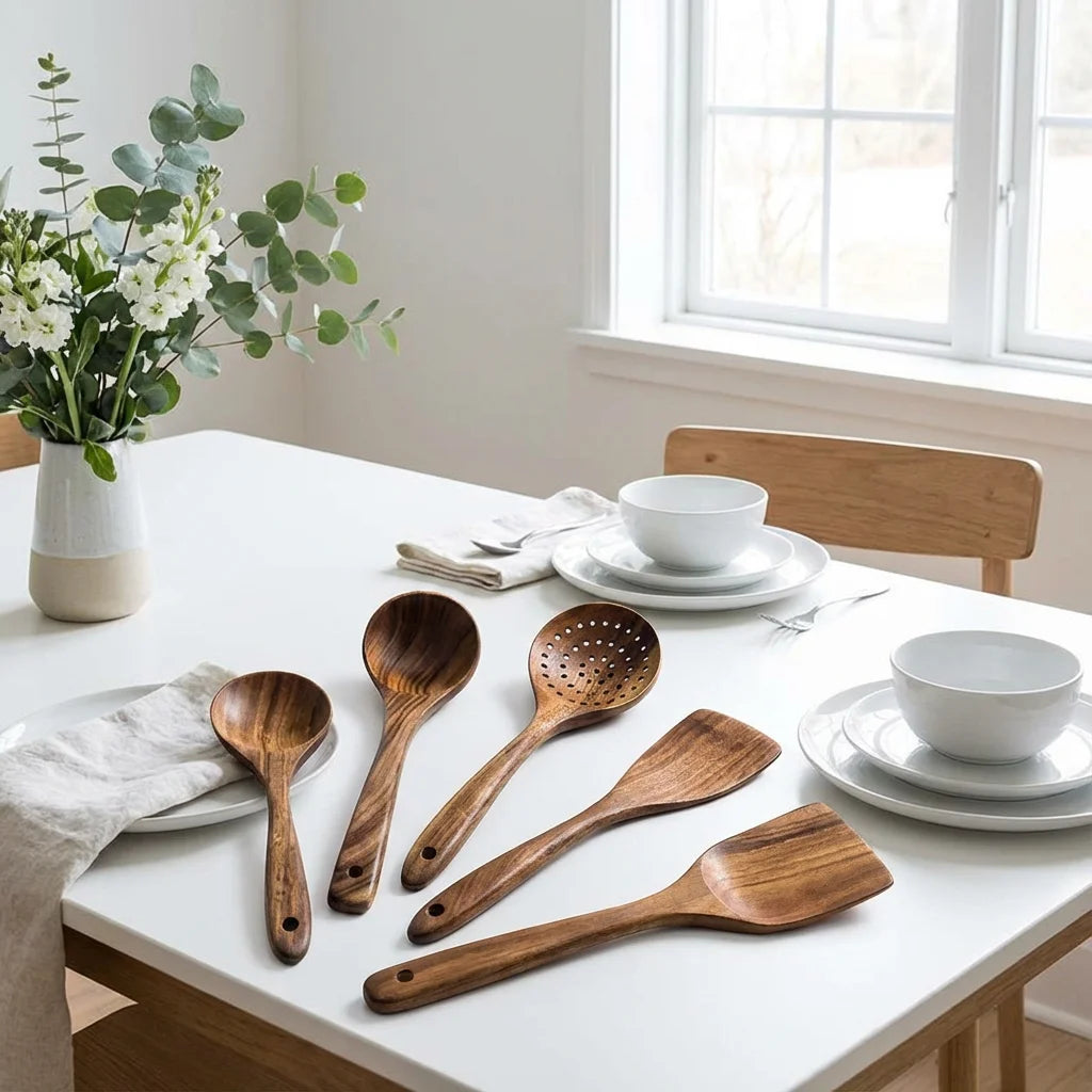 Home Full Kitchen Utensil Set 5 Pieces - Acacia Wood Heat Resistant Wok Spatula Soup Ladle Slotted Spoon Set Durable & Pan-Safe