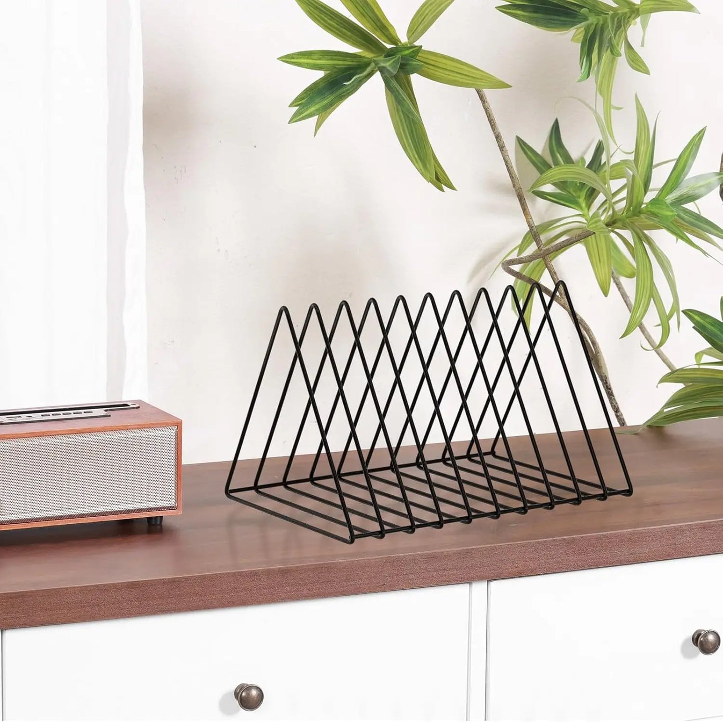Metal Triangle Desk Organizer with 10 Sections, Magazine Holder and File Storage in Black