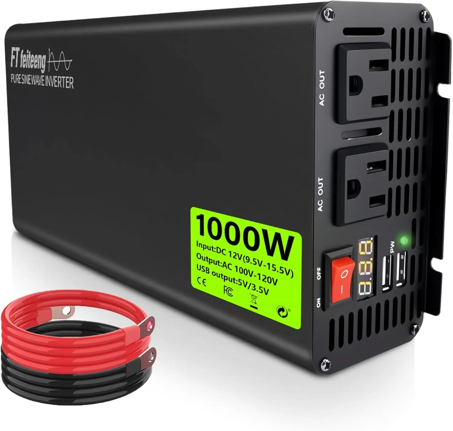 1000W Pure Sine Wave Inverter 12V DC to 120V AC, 60Hz, with Battery Cables, 2 AC Outlets, 2 USB Ports, for Laptops, Cars, RVs, C