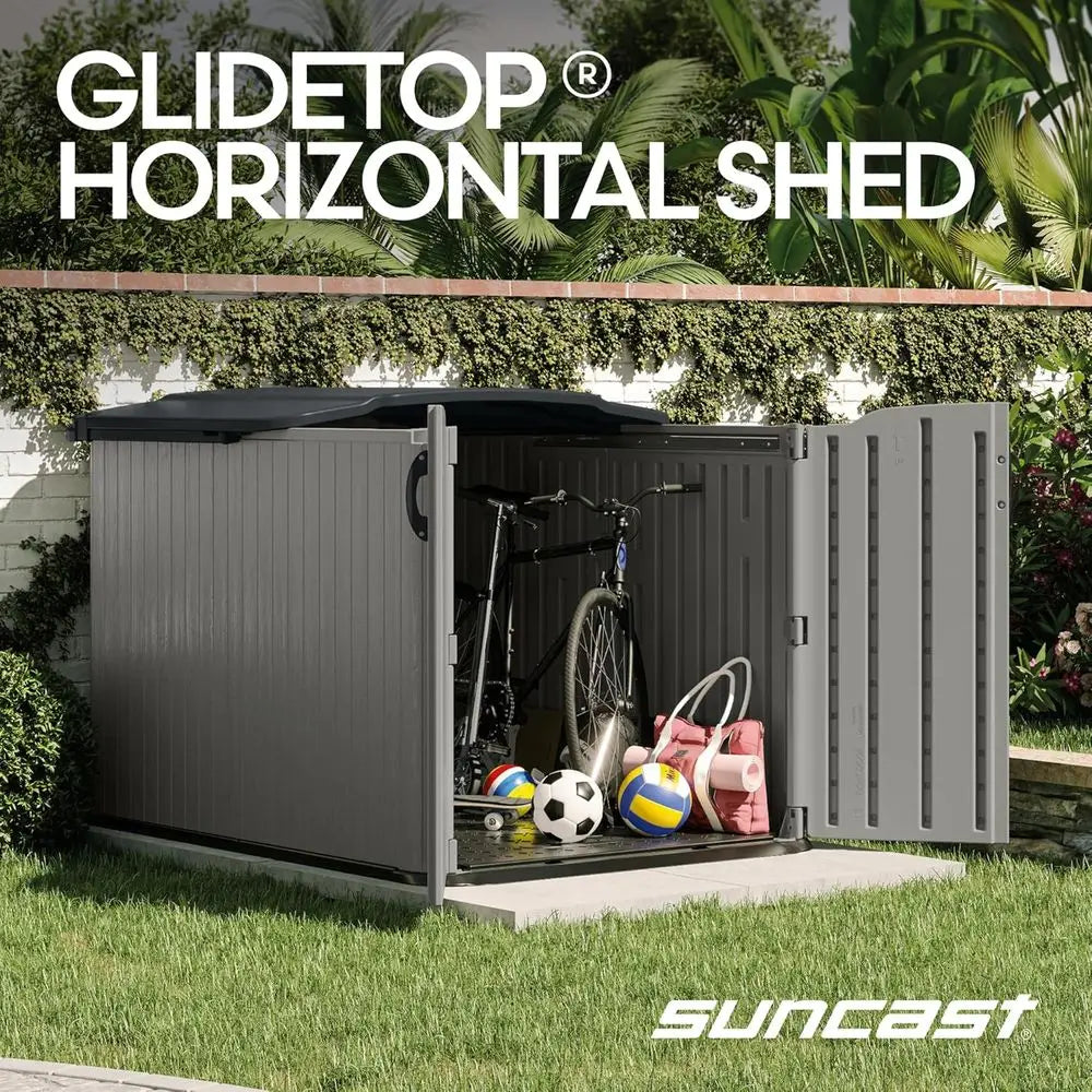 Horizontal Outdoor Storage Shed, 57.5x79.75x52, Sliding Lid Glidetop, Plastic Resin, Ideal for Bikes, Motorcycles, Lawn Mowers