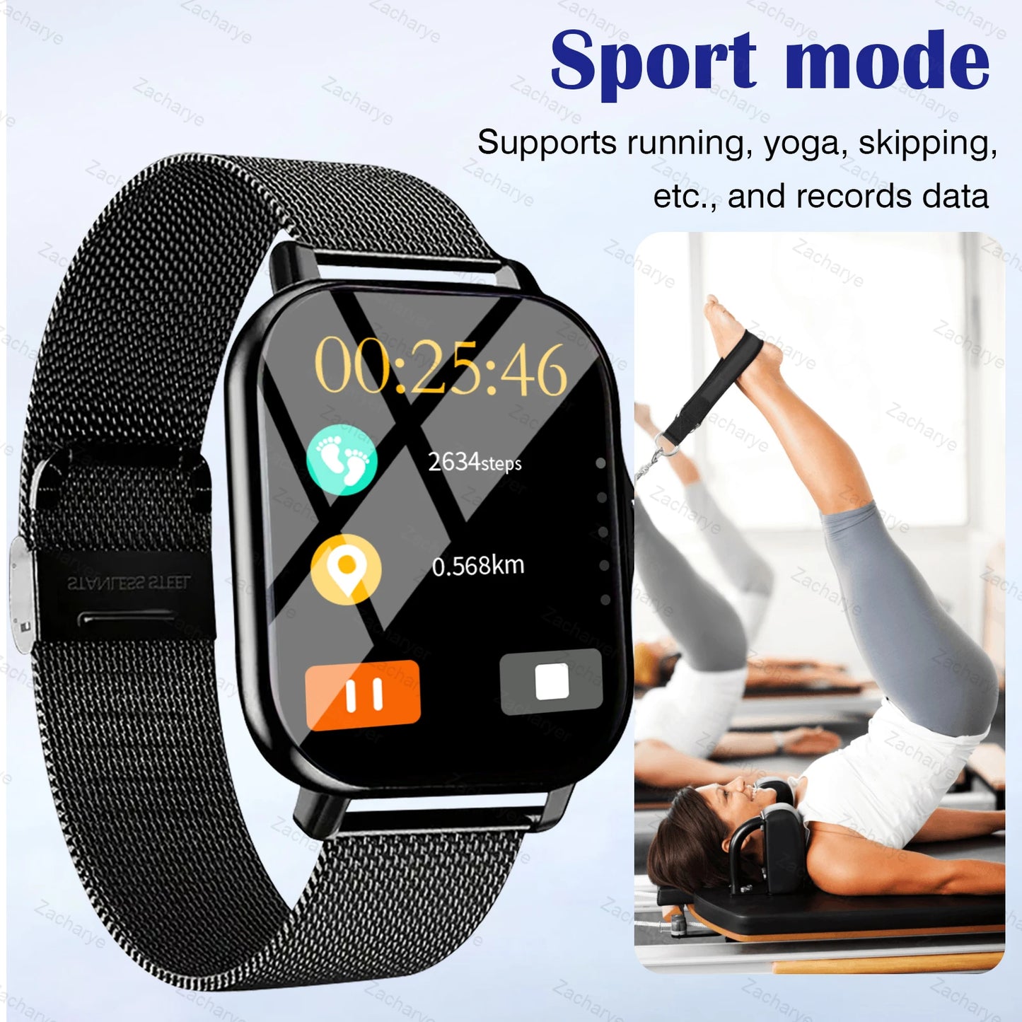 Smart fitness watch, wireless call, multiple exercise modes, SMS alerts, replaceable wallpaper, fitness tracker, outdoor sports