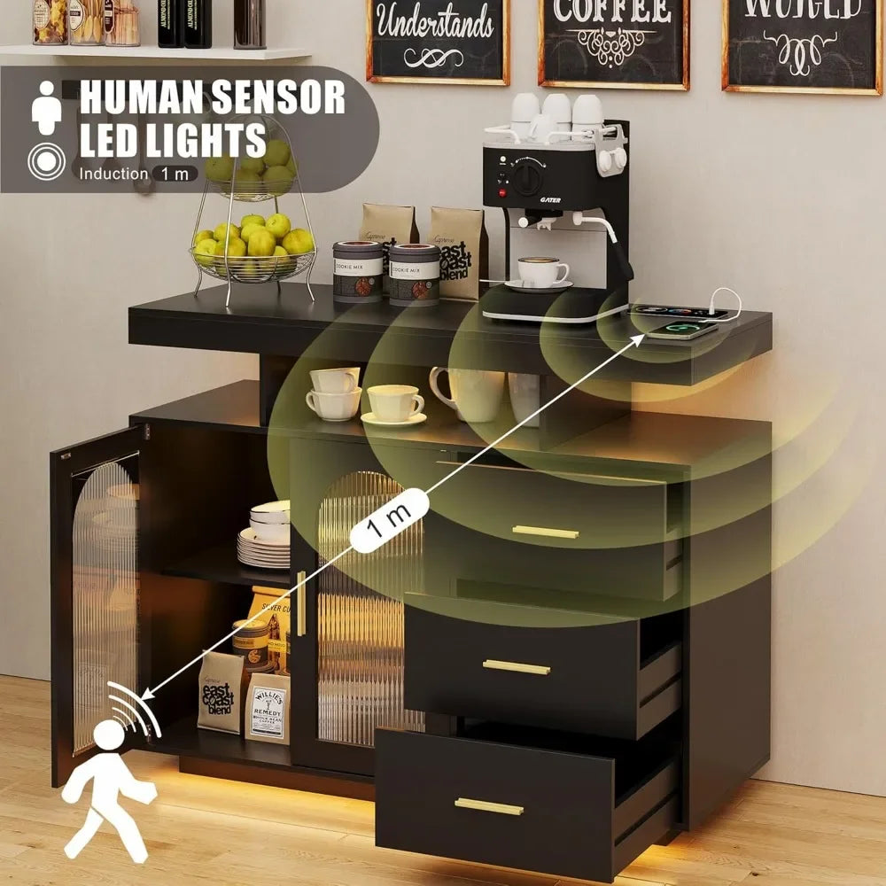 RGB LED Coffee Bar Cabinet Kitchen Storage Cabinet & Sideboard Buffet Cabinets for Dinning Room，Kitchen(Black)，Kitchen Cabinets