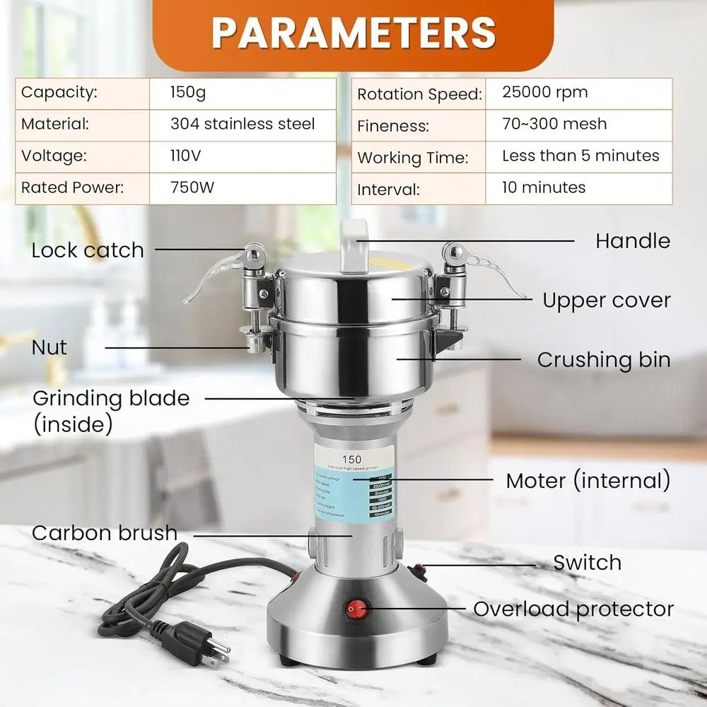 High Speed 150g Electric Grain Mill Grinder Spice Grinder 750W Stainless Steel for Spice, Herb, and Coffee Grinding
