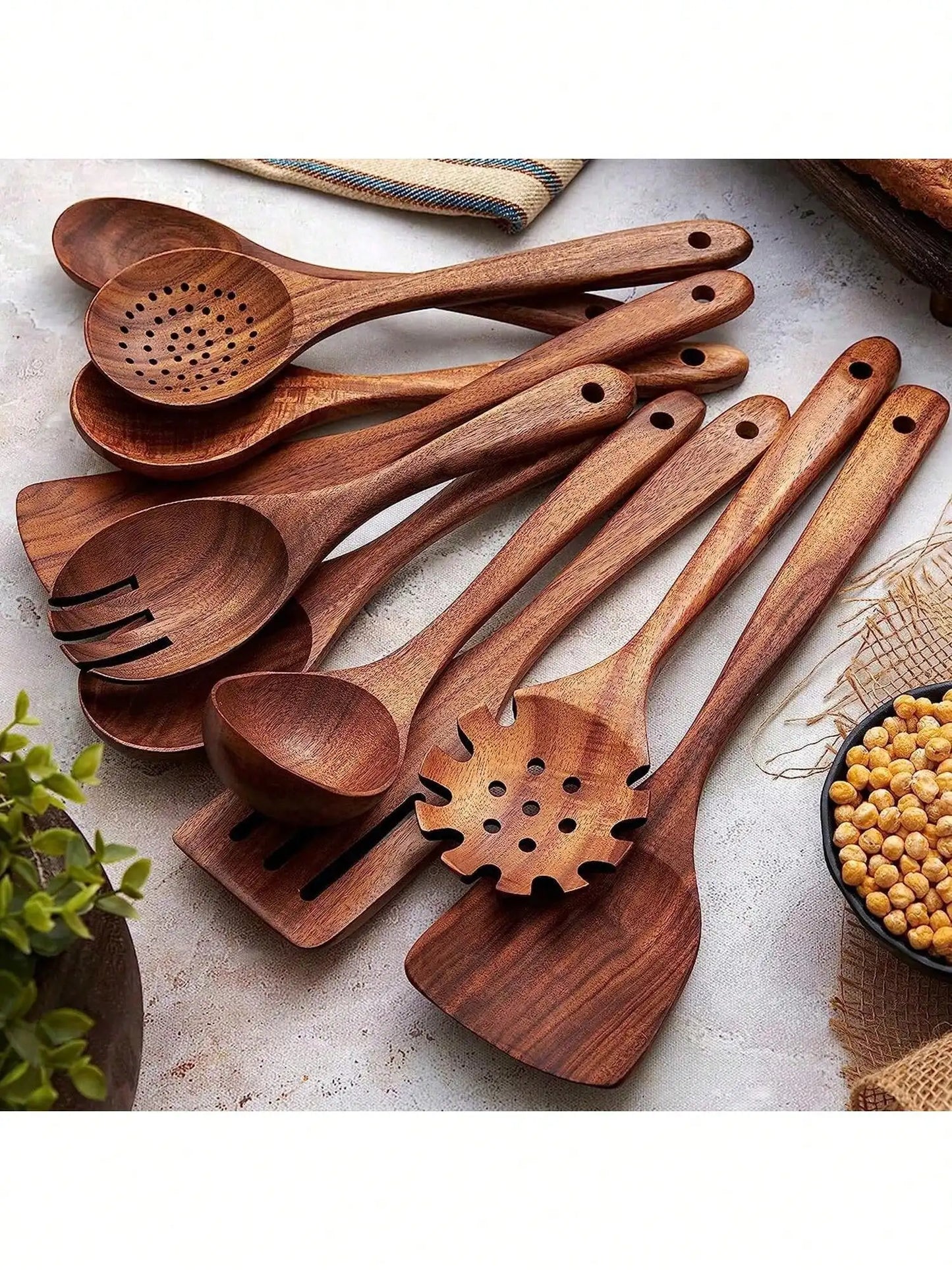 10-Pcs Sturdy Wooden Spoons Set - W/Storage Box, Heat-Resistant, Kitchen Baking Utensils