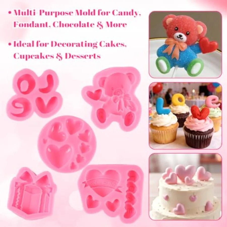 5Pcs Heart Chocolate Molds Silicone Set Valentine Silicone Chocolate Molds with Bear LOVE Letter and Gift Box Shapes Red Silico