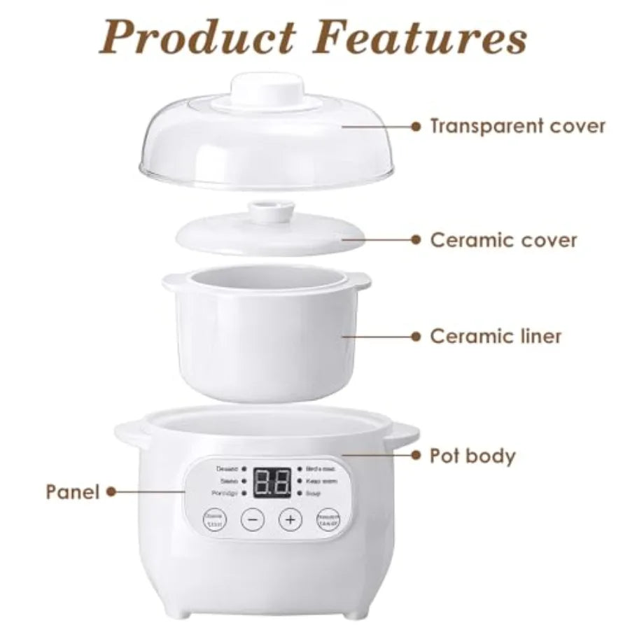 Electric Stew Pot 1L with Ceramic Liner - 200W Slow Cooker for Porridge Soup Rice Compact Versatile Kitchen Appliance in White