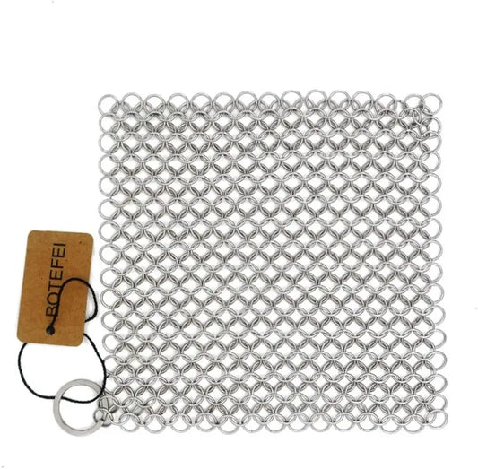 316L Stainless Steel Chainmail Scrubber for Cast Iron Pans, Griddles, and Pots - Dishwasher Safe