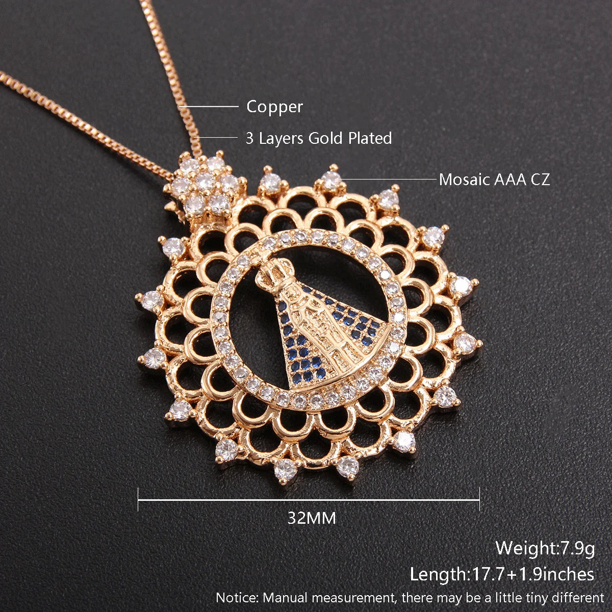 Nossa senhora Women/Girls Lujan Virgin Necklace virgen de guadal AAA CZ Choker Religious Gold Plated mardi gras Jewelry