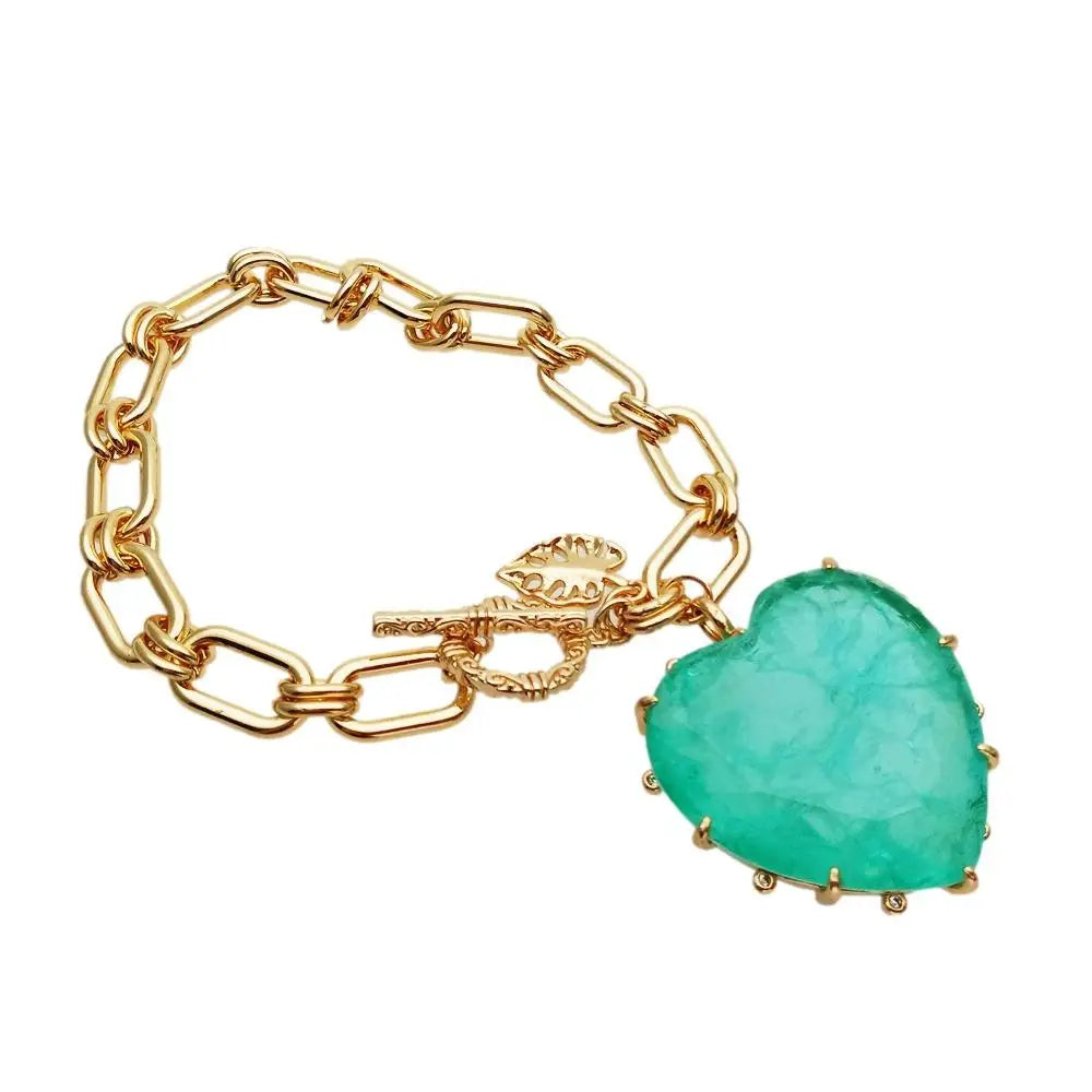 KKGEM  32mm Green Quartz Heart Charm Yellow Gold Plated Charm Link Chain Bracelet