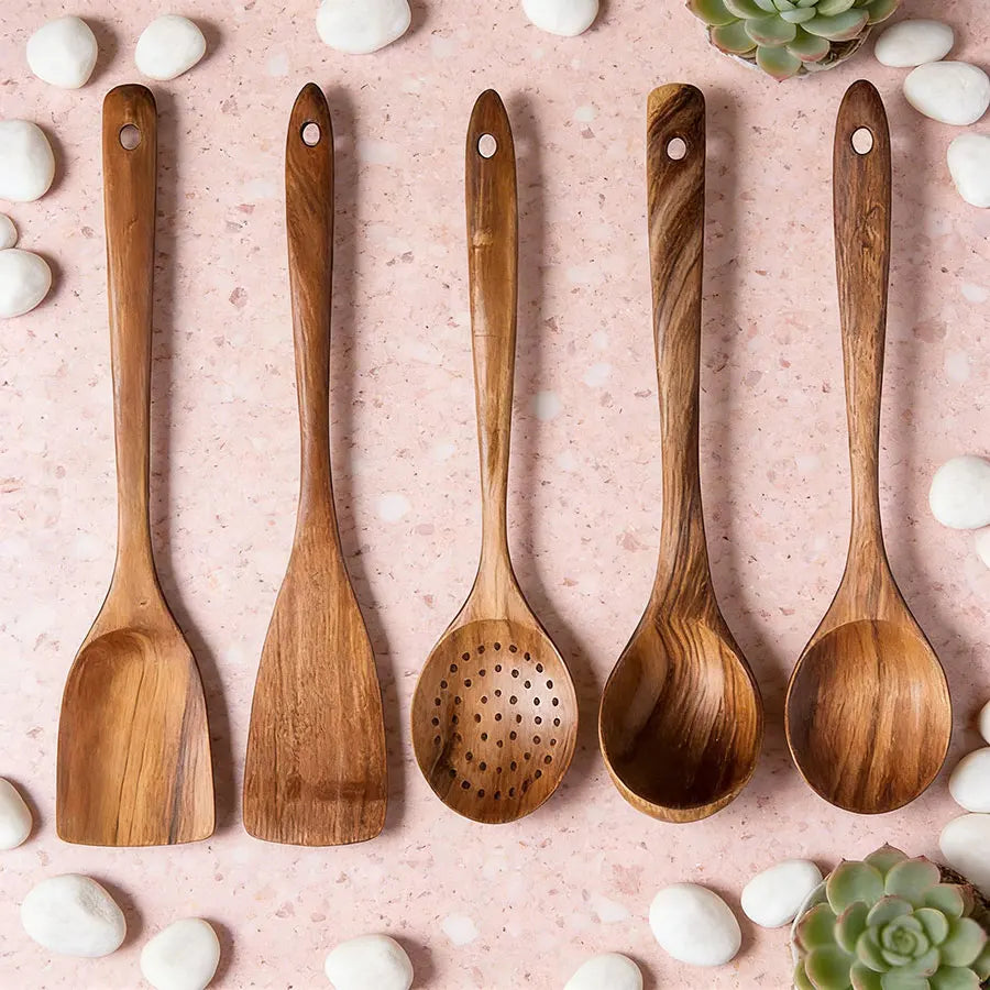 5-Piece Wooden Cooking Utensil Set, Durable Easy to Clean Kitchen Tools with Turner, Spatula, Skimmer, Soup Ladle Serving Spoon